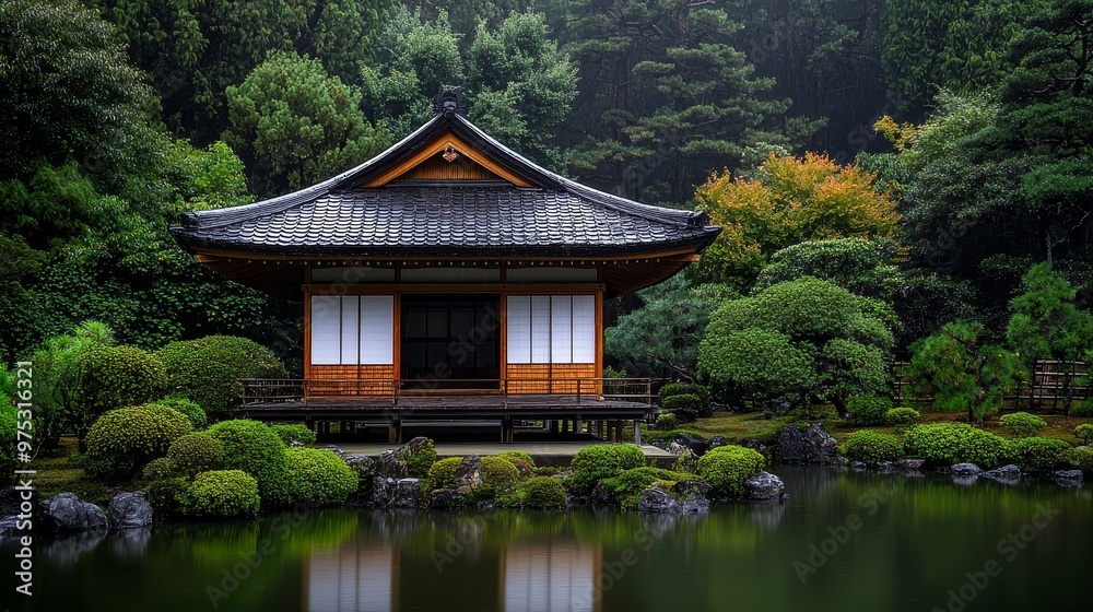 Serene Japanese Tea House Reflecting on Tranquil Pond Lush Greenery and Misty Forest Background Serene Japanese Tea House Reflecting on Tranquil Pond Lush Greenery and Misty Forest Background