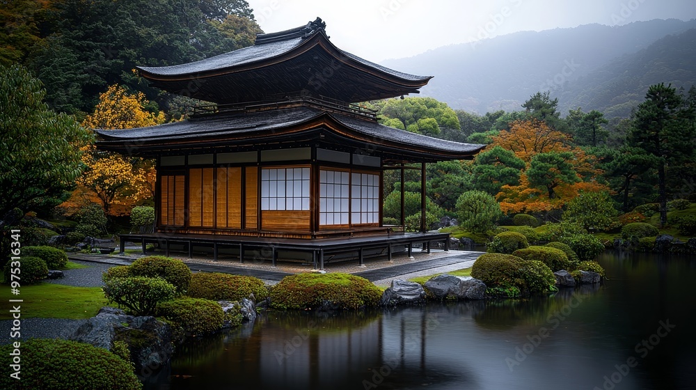 Fototapeta premium Serene Temple Pavilion Reflected in a Misty Pond Low Angle Lush Greenery Autumn Colors Tranquility