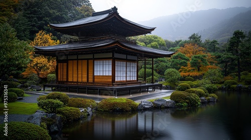 Serene Temple Pavilion Reflected in a Misty Pond Low Angle Lush Greenery Autumn Colors Tranquility