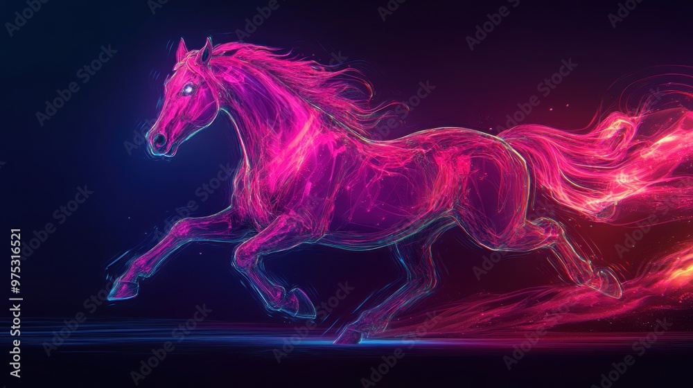Abstract neon horse running with a blue and pink glow. Abstract neon horse running with a blue and pink glow.