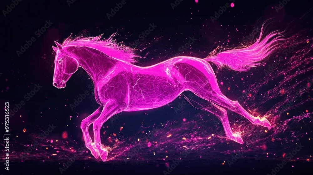 A pink, glowing horse with a mane and tail of sparkling light runs through the dark, leaving a trail of dust and sparkle. A pink, glowing horse with a mane and tail of sparkling light runs through the dark, leaving a trail of dust and sparkle.