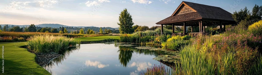 Serene Gazebo Reflecting in a Tranquil Pond Surrounded by Lush Greenery with Distant Mountain Views Serene Gazebo Reflecting in a Tranquil Pond Surrounded by Lush Greenery with Distant Mountain Views