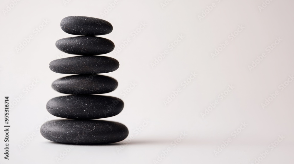Zenlike Stack of Black Stones on White Background Minimalist Composition of Smooth Rounded Stones in a Vertical Formation Illustrating Harmony and Balance Zenlike Stack of Black Stones on White Background Minimalist Composition of Smooth Rounded Stones in a Vertical Formation Illustrating Harmony and Balance