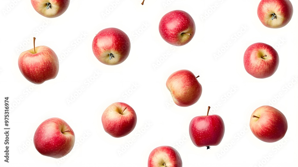 Apples in various positions falling against a white background Apples in various positions falling against a white background
