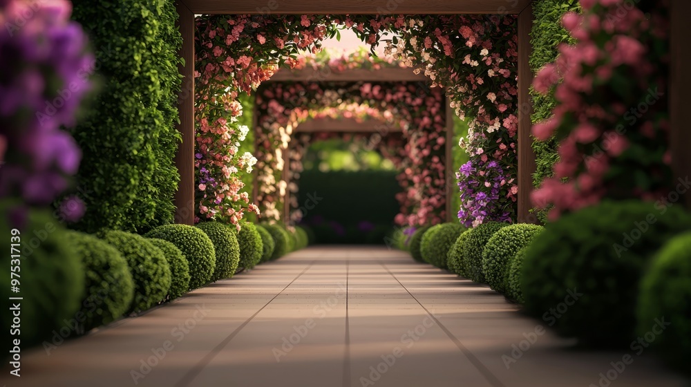 Fototapeta premium FlowerDraped Archway A Perspective Down a Sunlit Garden Path
