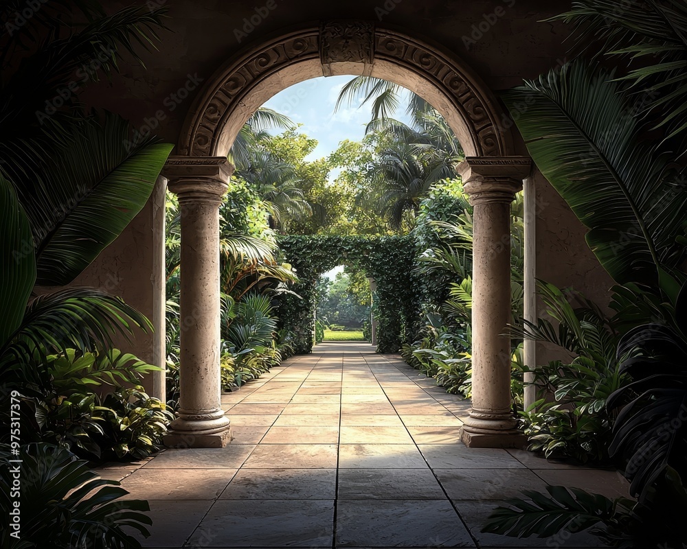 Fototapeta premium A LowAngle Perspective of a Stone Archway Leading into a Lush Tropical Garden Bathed in Sunlight
