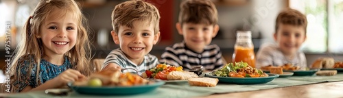 Happy Kids Sharing a Meal A vibrant table setting with a focus on a young girls joyful expression as she enjoys her lunch with friends The image features a warm inviting ambiance