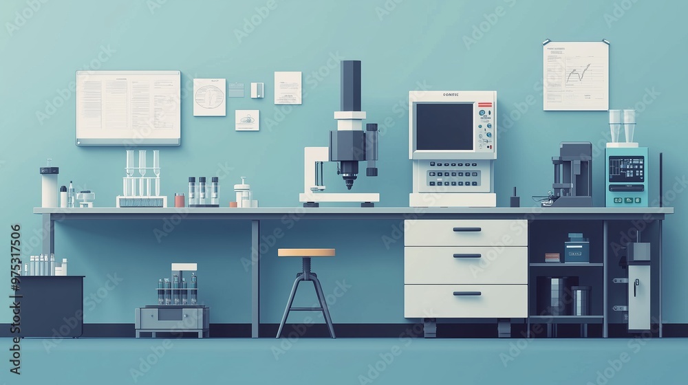 Testing equipment in a flat design, side view, set in a laboratory environment with an animation style, featuring a split-complementary color scheme for enhanced visual impact. Testing equipment in a flat design, side view, set in a laboratory environment with an animation style, featuring a split-complementary color scheme for enhanced visual impact.