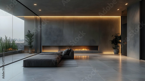 Modern living room with fireplace  large windows  and sleek furniture.