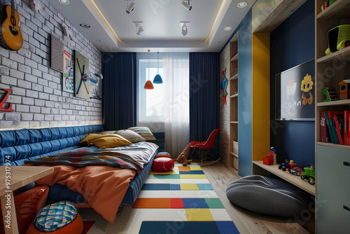 A vibrant and playful children's room design featuring a colorful playground with slides, climbing structures, and cozy seating areas. The space is filled with bright pastel colors, soft textures