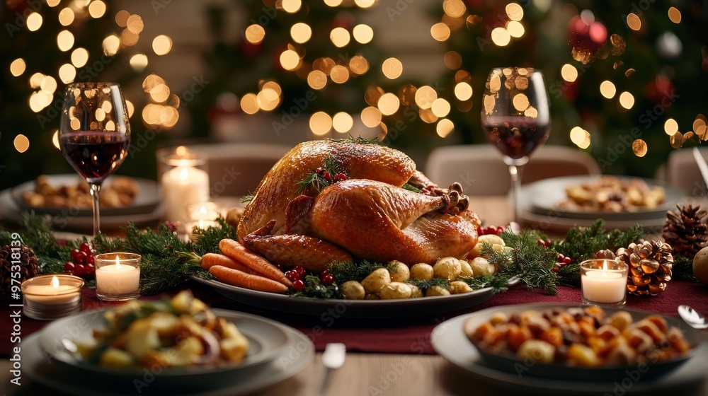 Fototapeta premium A Festive Feast CloseUp of Roasted Turkey with Golden Lights and Candles a Warm and Inviting Christmas Dinner Table Setting