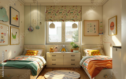 A vibrant and playful children's room design featuring a colorful playground with slides, climbing structures, and cozy seating areas. The space is filled with bright pastel colors, soft textures