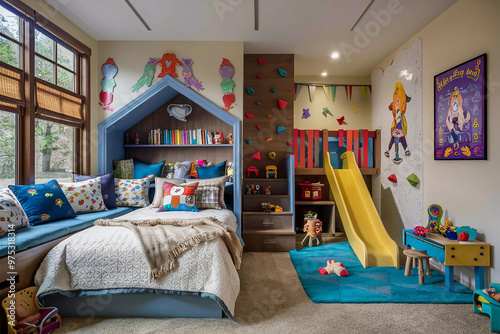 A vibrant and playful children's room design featuring a colorful playground with slides, climbing structures, and cozy seating areas. The space is filled with bright pastel colors, soft textures
