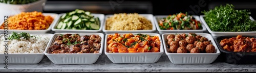 Overhead View of a Buffet Table with an Array of Dishes in White Bowls and a Black Casserole Dish on Marble Countertop