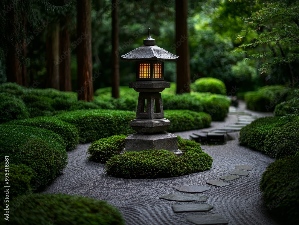 Serene Stone Path A glowing lantern illuminates a calming Japanese garden with a low perspective emphasizing the path and surrounding greenery Serene Stone Path A glowing lantern illuminates a calming Japanese garden with a low perspective emphasizing the path and surrounding greenery