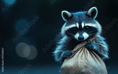 Raccoon dressed as a thief with a mask and a bag of loot, thief raccoon, mischievous Halloween animal photo