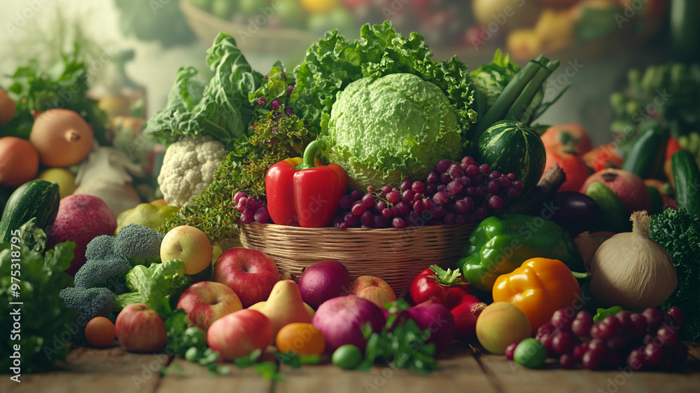 Fresh harvest of colorful vegetables and fruits displayed for World Vegetarian Day celebration Fresh harvest of colorful vegetables and fruits displayed for World Vegetarian Day celebration