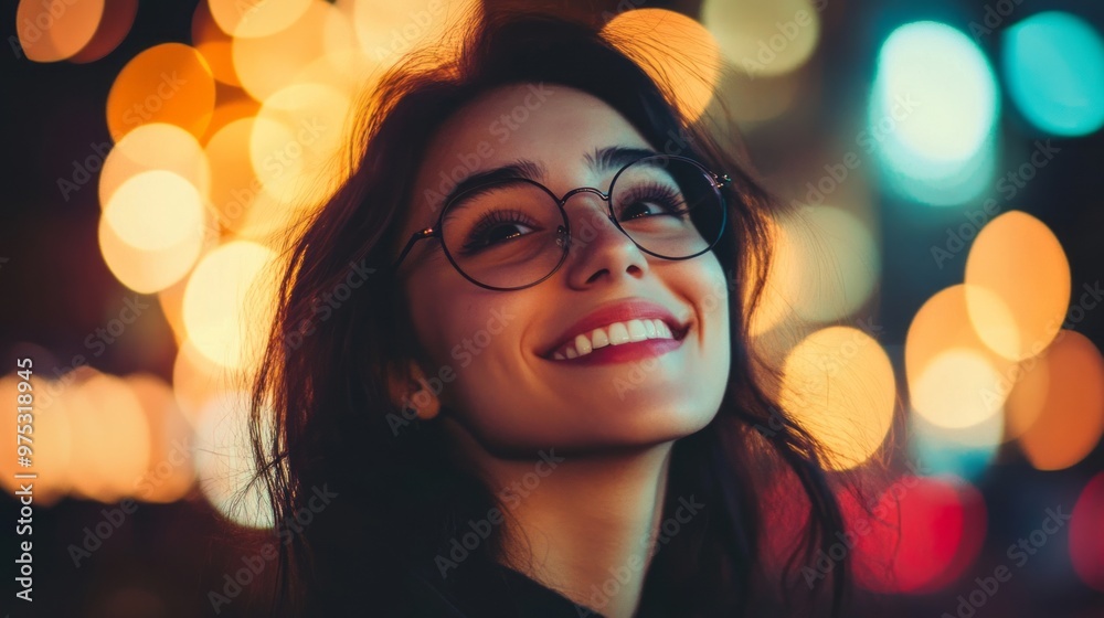 Smiling Woman in Glasses Admires Glowing Lights | AR 169:2 Smiling Woman in Glasses Admires Glowing Lights | AR 169:2