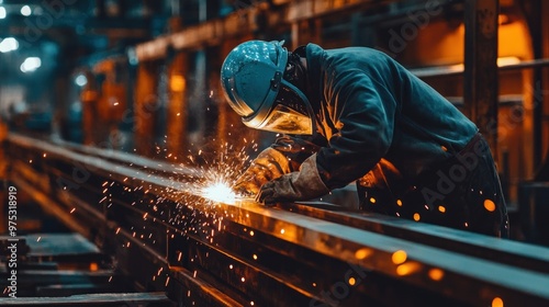 A welder in a factory, wearing protective gear, welding a large metal beam.