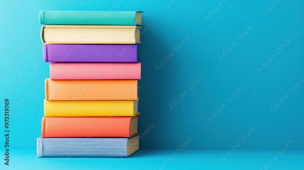 Stack of colorful books on blue background. Stack of colorful books on blue background.