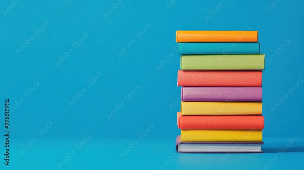 Stack of colorful books on blue background. Stack of colorful books on blue background.