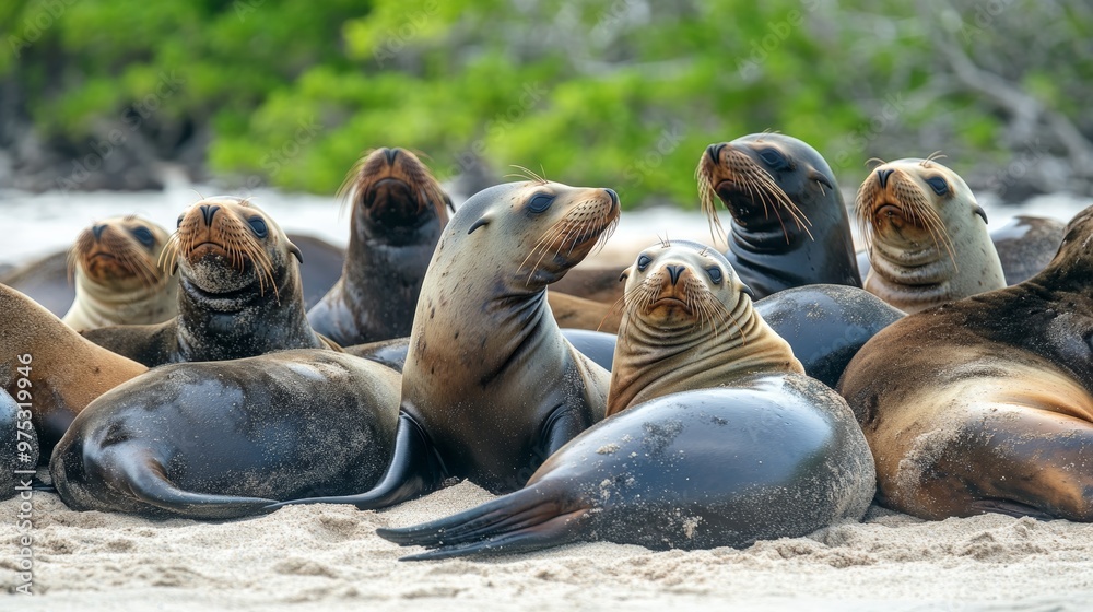 Fototapeta premium Galapagos sea lion (Zalophus wollebaeki) colony living together on the beach at Santa Fe island Barrington Bay Galapagos Ecuador