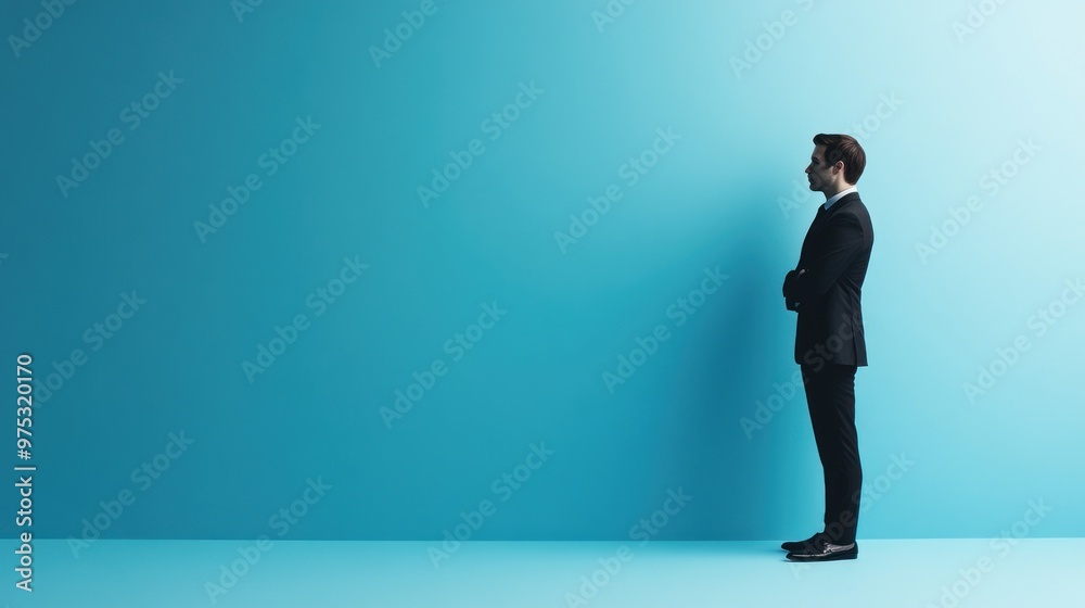 Businessman in black suit standing in front of blue wall. Businessman in black suit standing in front of blue wall.