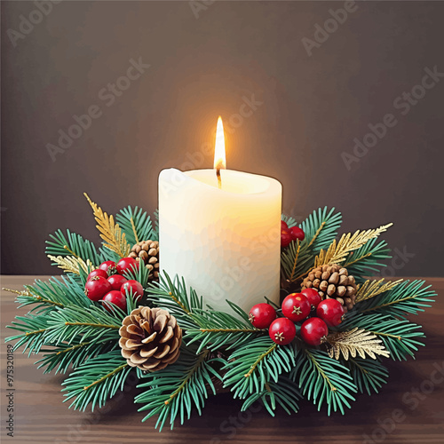 White Candle in Evergreen Wreath with Berries and Pine Cones