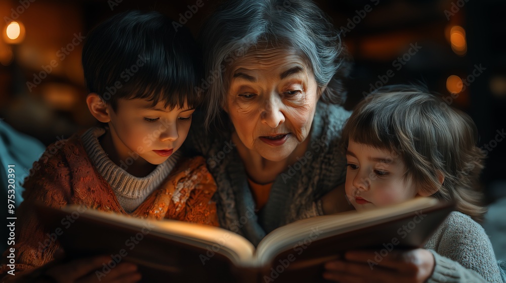 Grandmother reading a book to her two attentive grandchildren by warm candlelight, representing family bonding and bedtime stories Grandmother reading a book to her two attentive grandchildren by warm candlelight, representing family bonding and bedtime stories