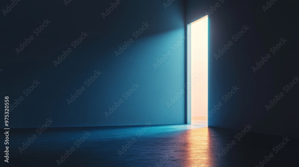 open door with light casting shadows in dark room, symbolic concept open door with light casting shadows in dark room, symbolic concept