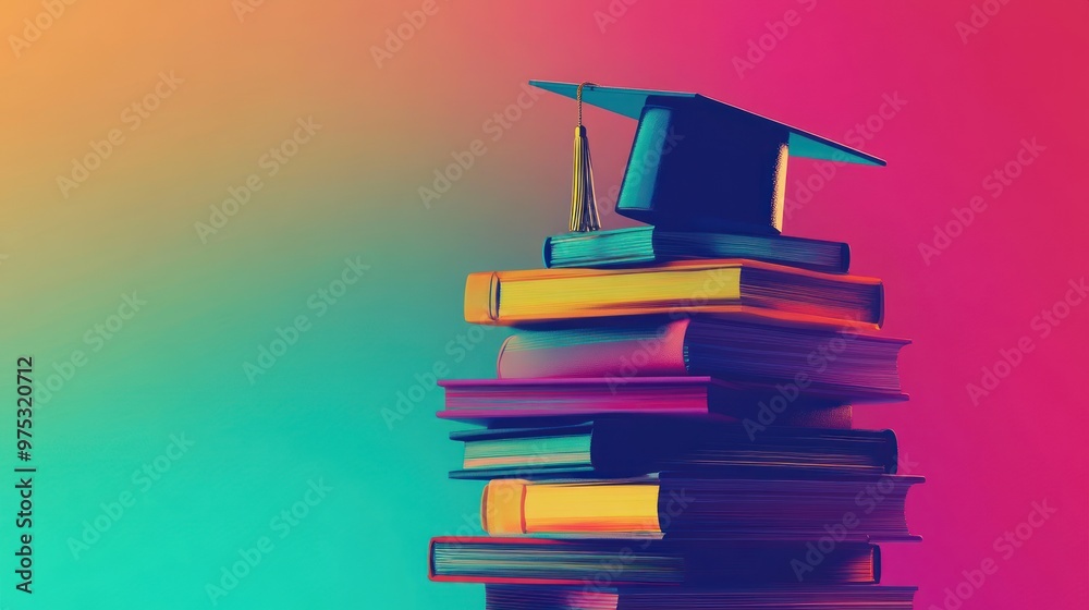 A graduation cap sits atop a stack of books on a vibrant gradient background. A graduation cap sits atop a stack of books on a vibrant gradient background.