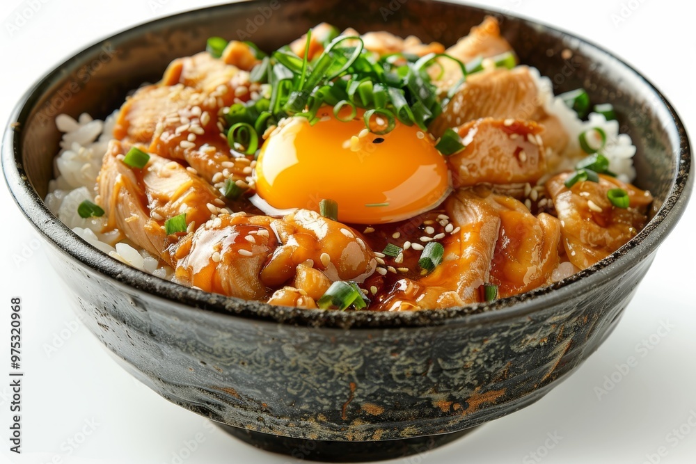 Japanese oyakodon with tender chicken and egg over rice Japanese oyakodon with tender chicken and egg over rice