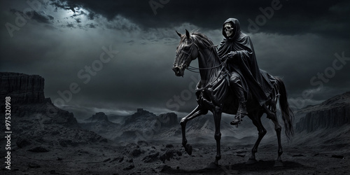  a desert-like landscape, set against a stormy sky. The rider is dressed in a cloak and a hood, with a skull mask, adding to the eerie