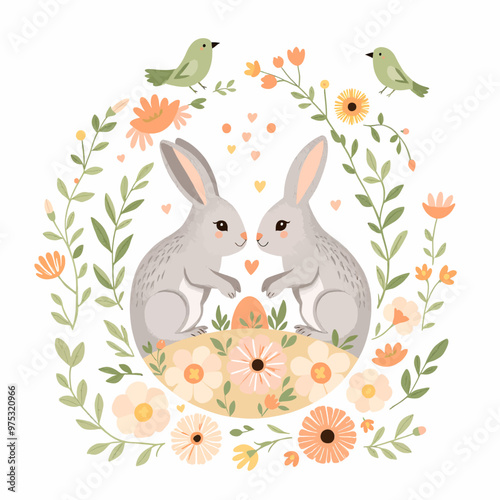 Two Bunnies in a Floral Wreath