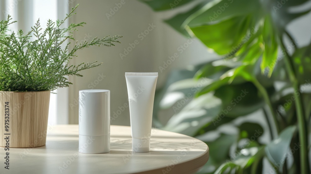 Two white tubes of cream on a wooden table with green plants behind. Two white tubes of cream on a wooden table with green plants behind.