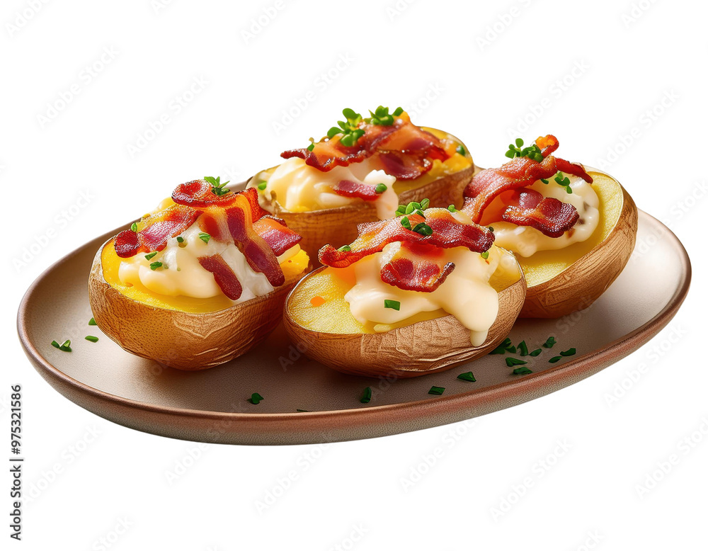Delicious baked potatoes topped with creamy sauce, crispy bacon, and fresh herbs served on a stylish plate. Delicious baked potatoes topped with creamy sauce, crispy bacon, and fresh herbs served on a stylish plate.