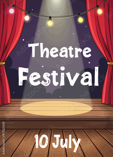 Theatre Festival Stage with Red Curtains and Lights  
