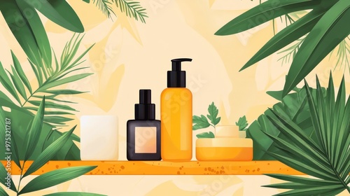 Bottles of beauty products on a shelf with tropical leaves.