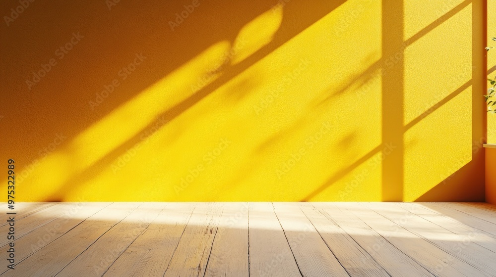 Empty wooden floor and yellow wall with sunlight and shadows. Empty wooden floor and yellow wall with sunlight and shadows.