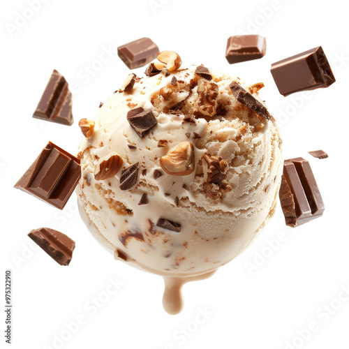 Delicious ice cream scoop topped with chocolate chunks and nuts, perfect for a sweet treat on a sunny day. photo