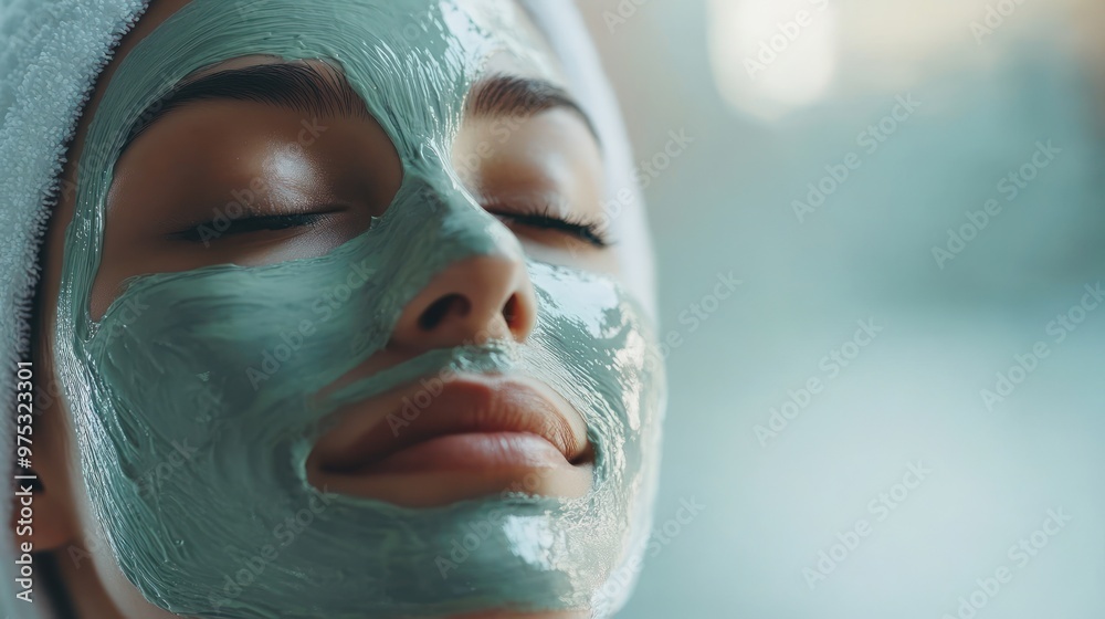 Closeup of a woman's face with a green face mask. Closeup of a woman's face with a green face mask.