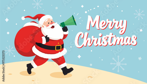 Santa Claus with a bag of gifts and a megaphone saying Merry Christmas.
