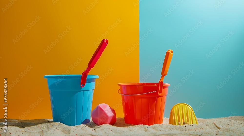 Plastic toys shovel and bucket for sand isolated on colorful background Plastic toys shovel and bucket for sand isolated on colorful background