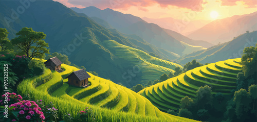 Rice Terraces and Cottages in the Mountains at Sunset