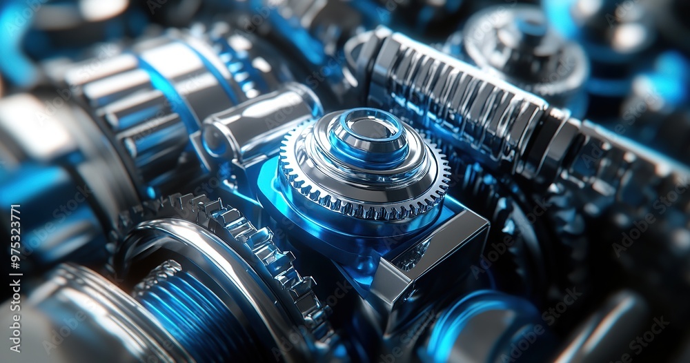Close-up of blue and silver gears in an automotive foreground Close-up of blue and silver gears in an automotive foreground