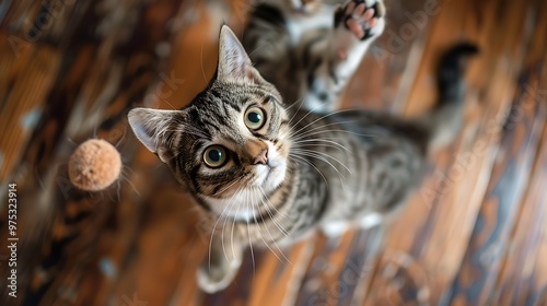 playful gray and white tabby cat toy in paw view from above second cat in background photo