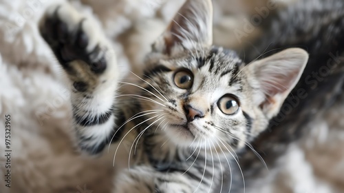 playful gray and white tabby cat toy in paw view from above second cat in background