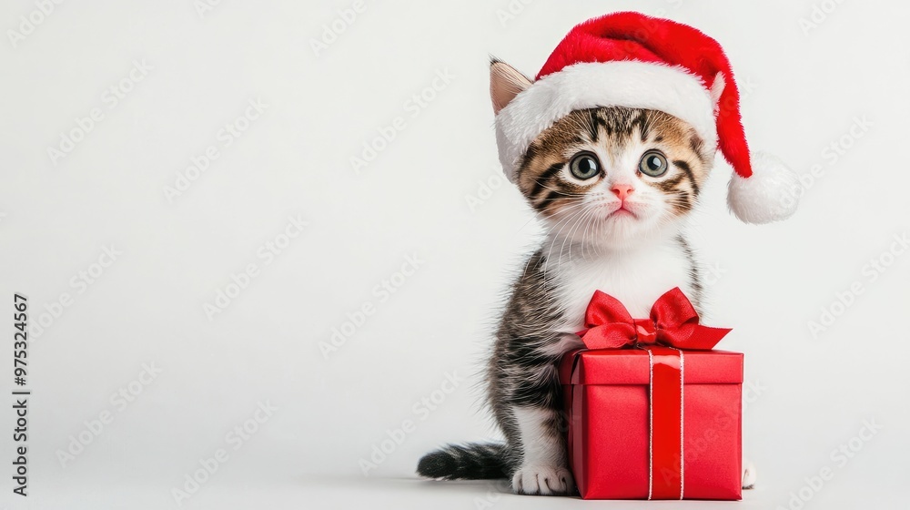 Cute kitten wearing a Santa hat and holding a red gift box. Cute kitten wearing a Santa hat and holding a red gift box.