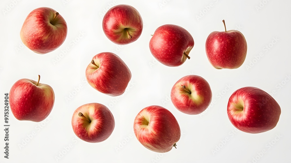 Apples in mid-air captured with full depth on a white background Apples in mid-air captured with full depth on a white background