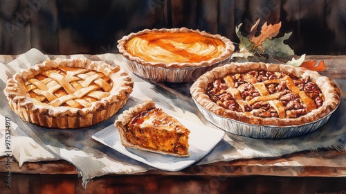 Watercolor Thanksgiving Pies: Pumpkin, Pecan & Rustic Charm